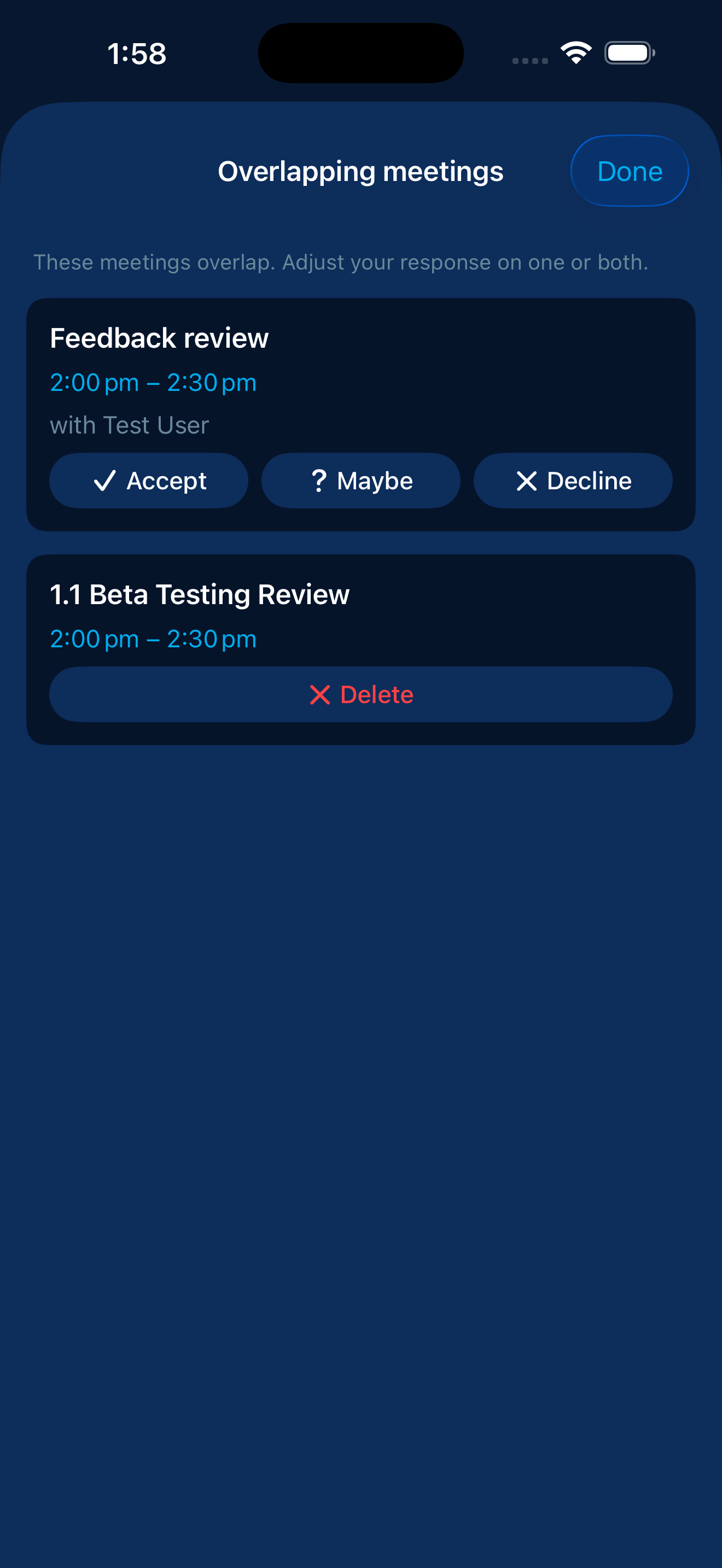 Overlapping meetings screen showing two conflicting meetings stacked, with Accept, Maybe, and Decline on the first and Delete on the second.