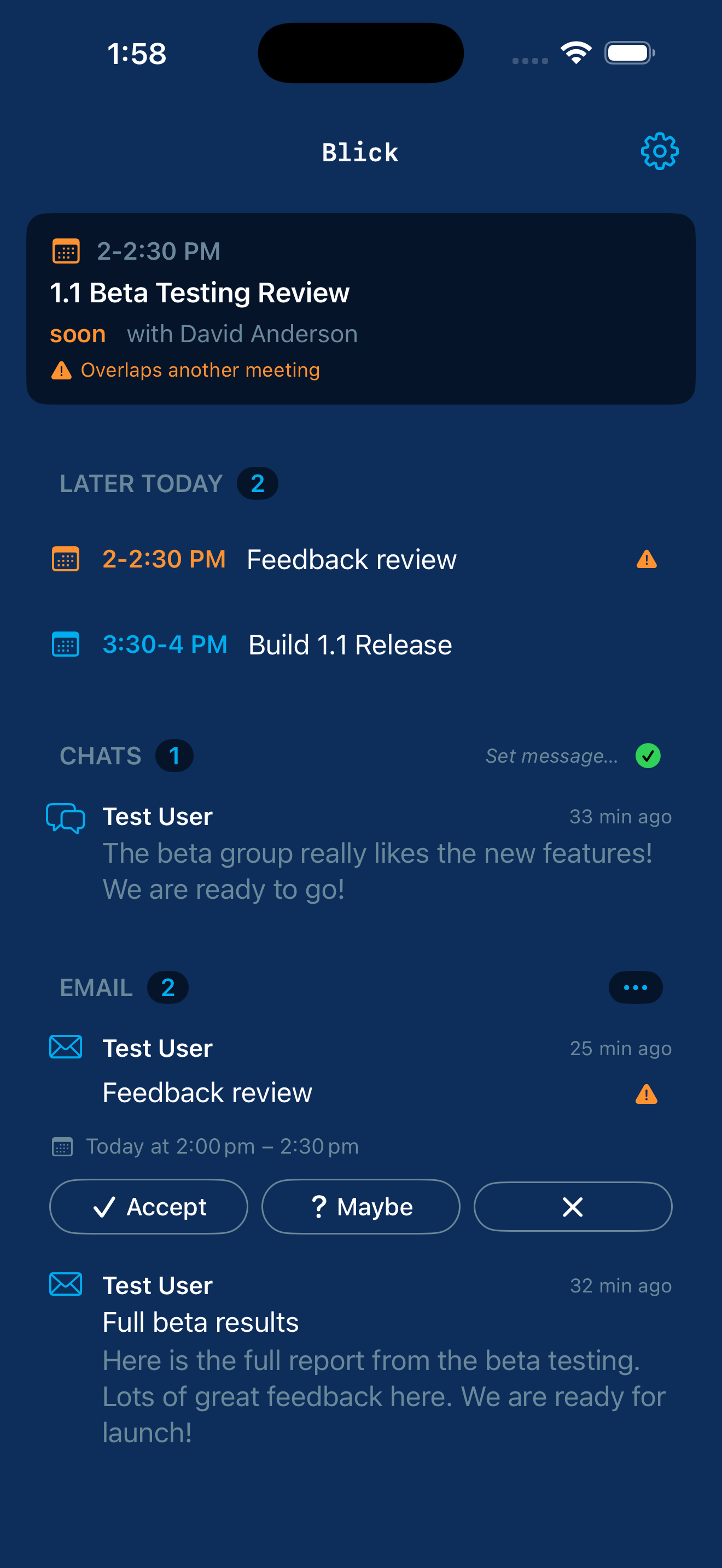 Blick home screen showing the next meeting, later-today calendar, chats, and email.