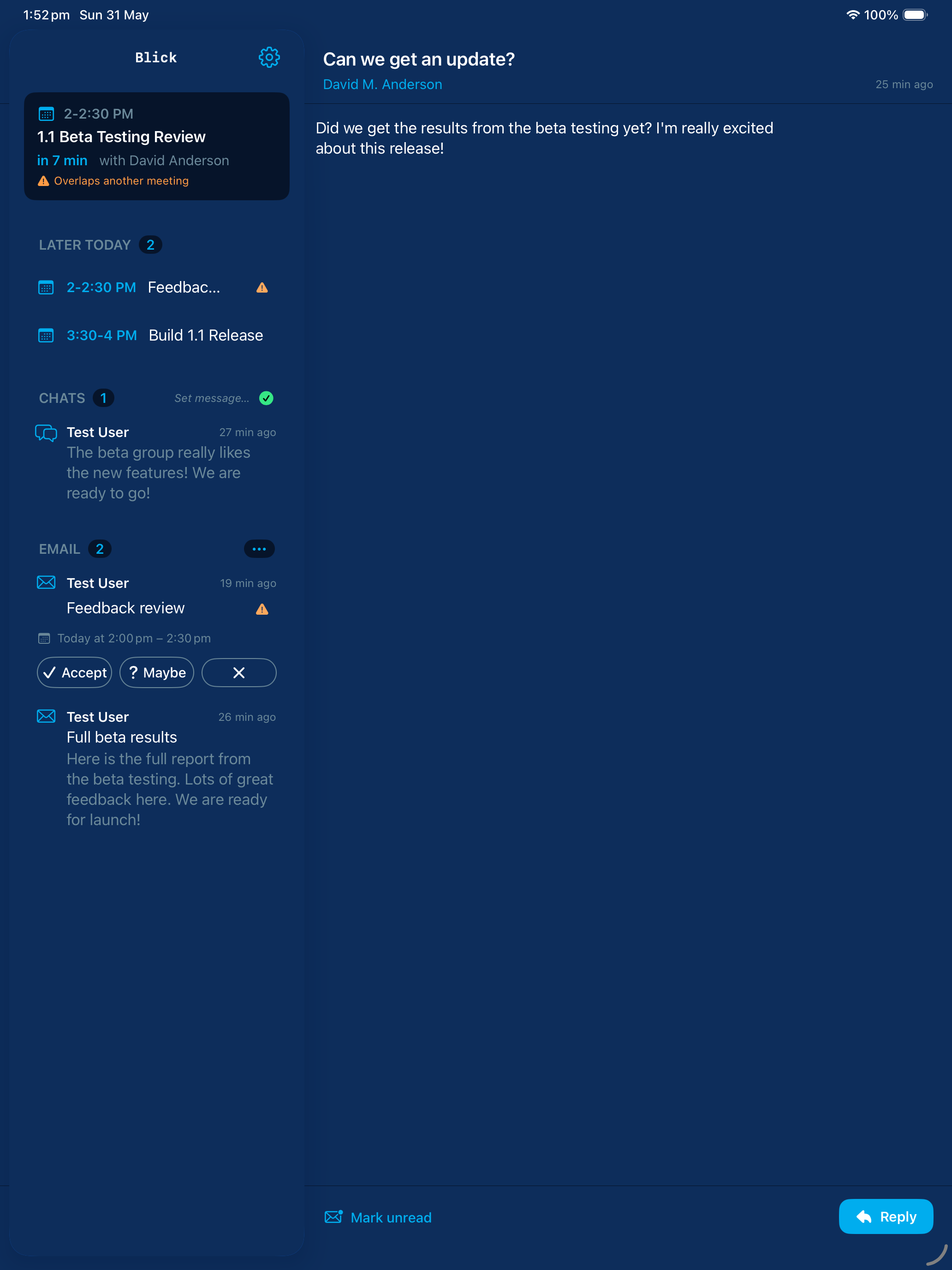 Blick on iPad in split view: the day's calendar, chats, and email on the left, with a selected Teams chat open in a reading pane on the right.