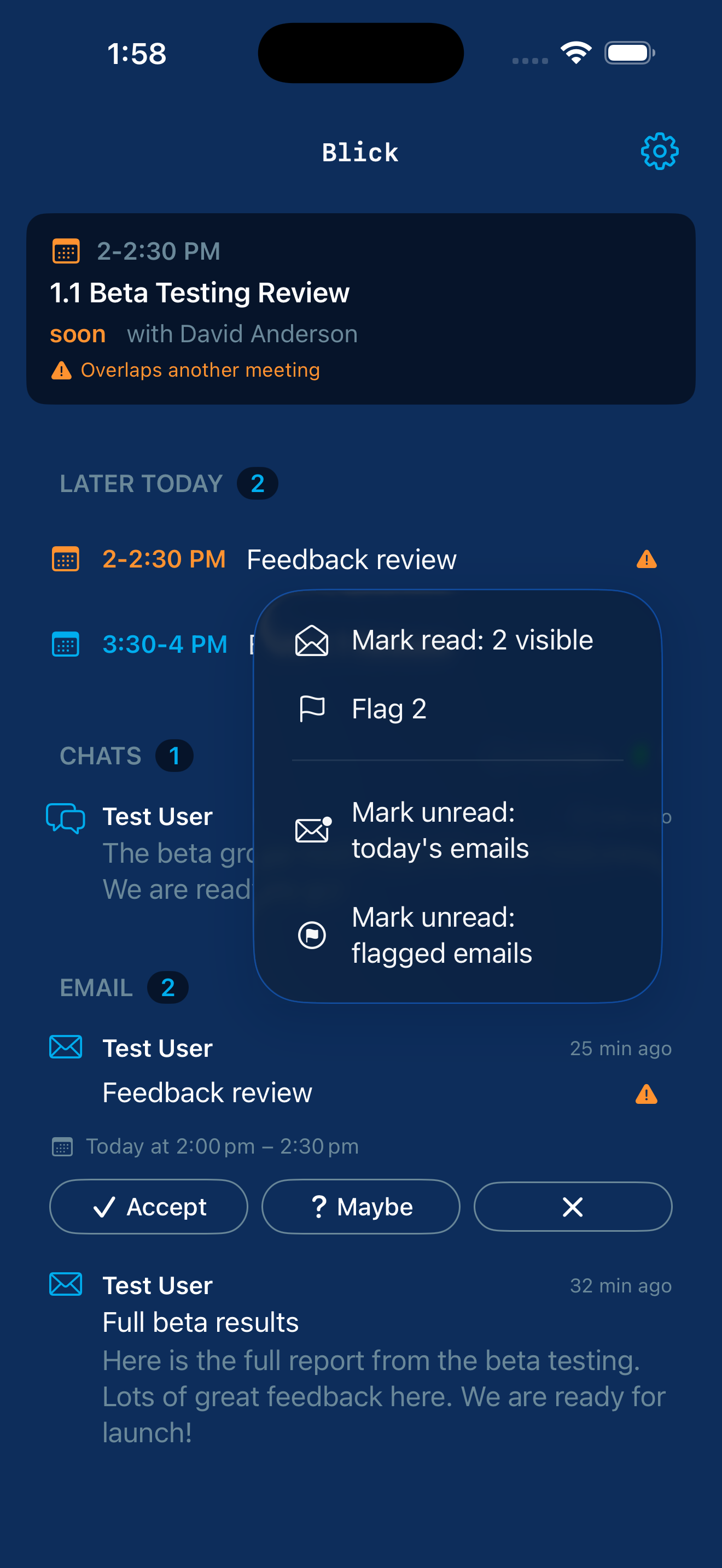 Bulk email triage menu showing Mark read 2 visible, Flag 2, Mark unread today's emails, and Mark unread flagged emails.