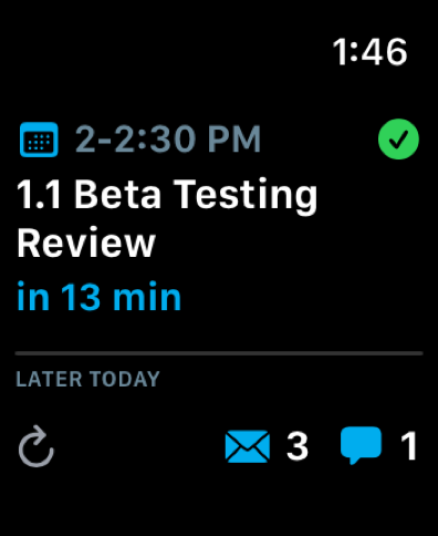 Blick on Apple Watch showing the next meeting, later-today schedule, and unread email and chat counts.