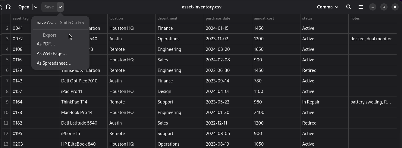 Comma's Export menu offering As PDF, As Web Page, and As Spreadsheet, dark theme.