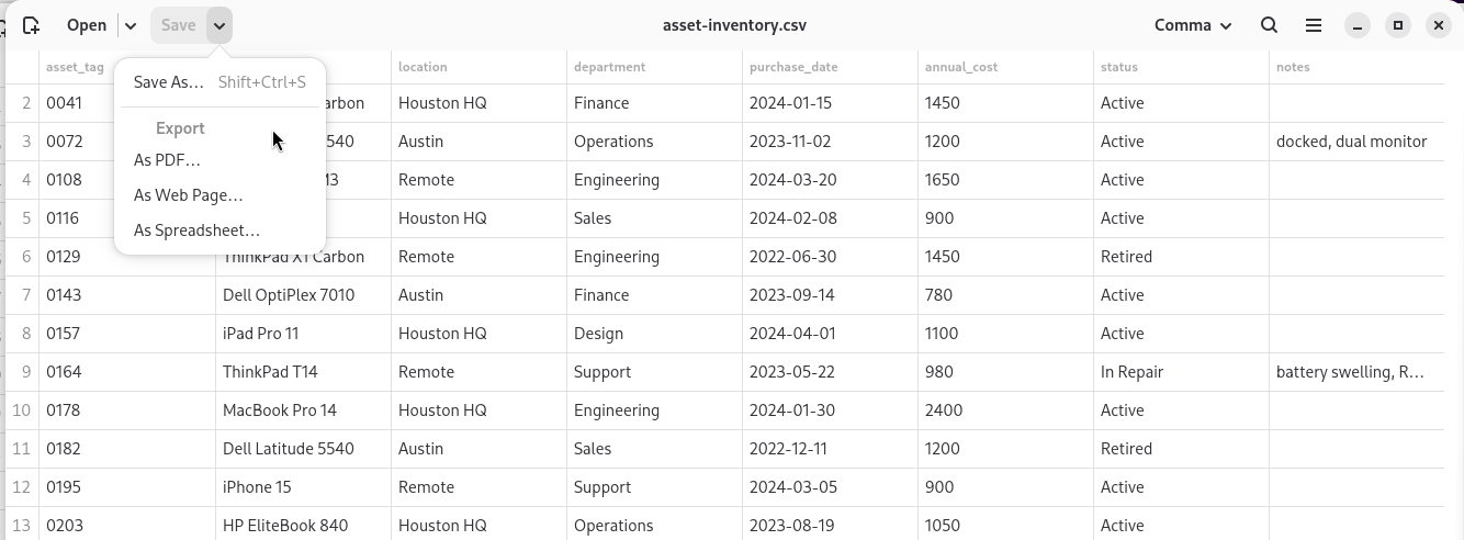 Comma's Export menu offering As PDF, As Web Page, and As Spreadsheet, light theme.