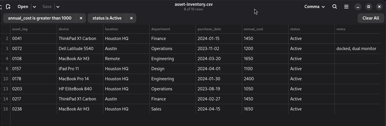 Comma filtered to eight of sixteen rows by two column conditions, dark theme.