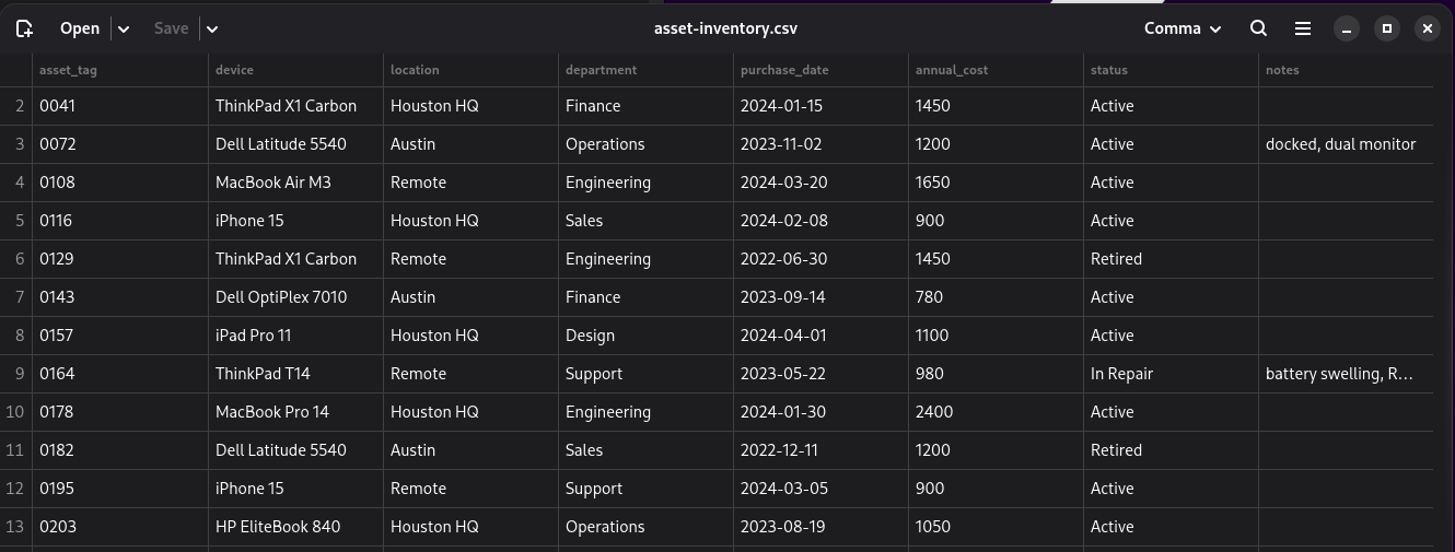 Comma showing an asset inventory as a grid of values, dark theme.