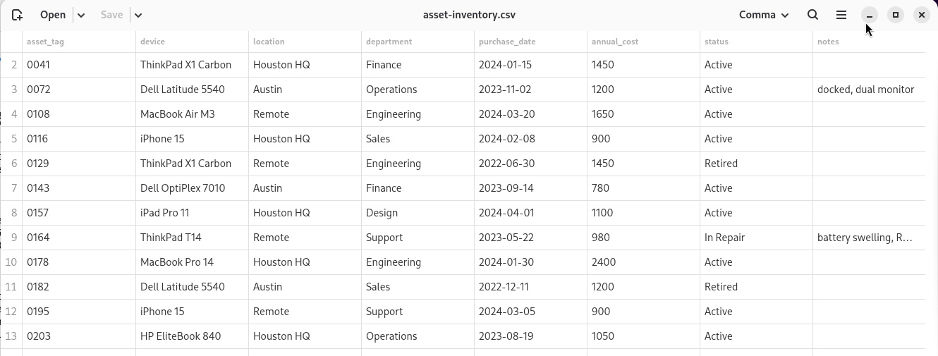 Comma showing an asset inventory as a grid of values, light theme.
