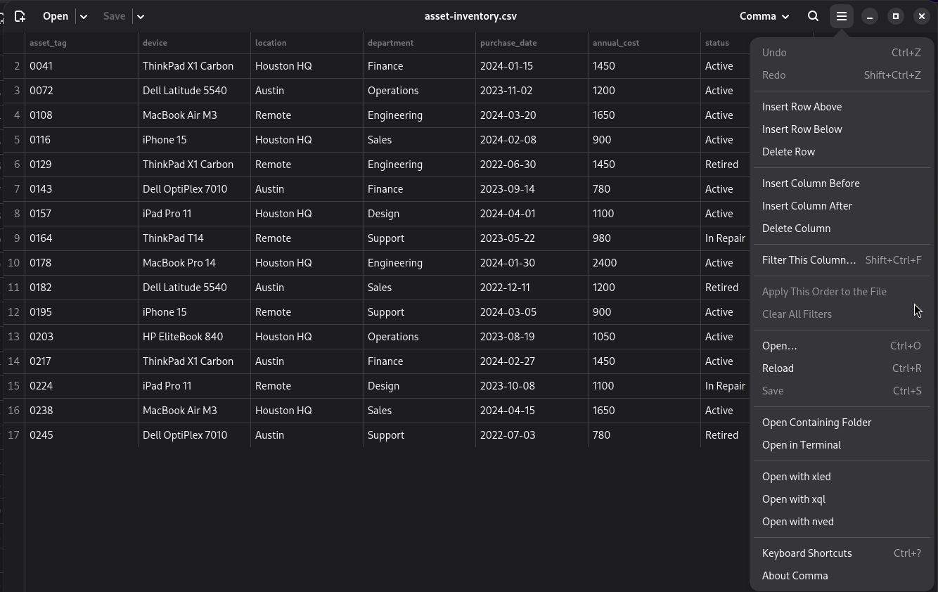 Comma's main menu, including Open with xled, Open with xql, and Open with nved, dark theme.