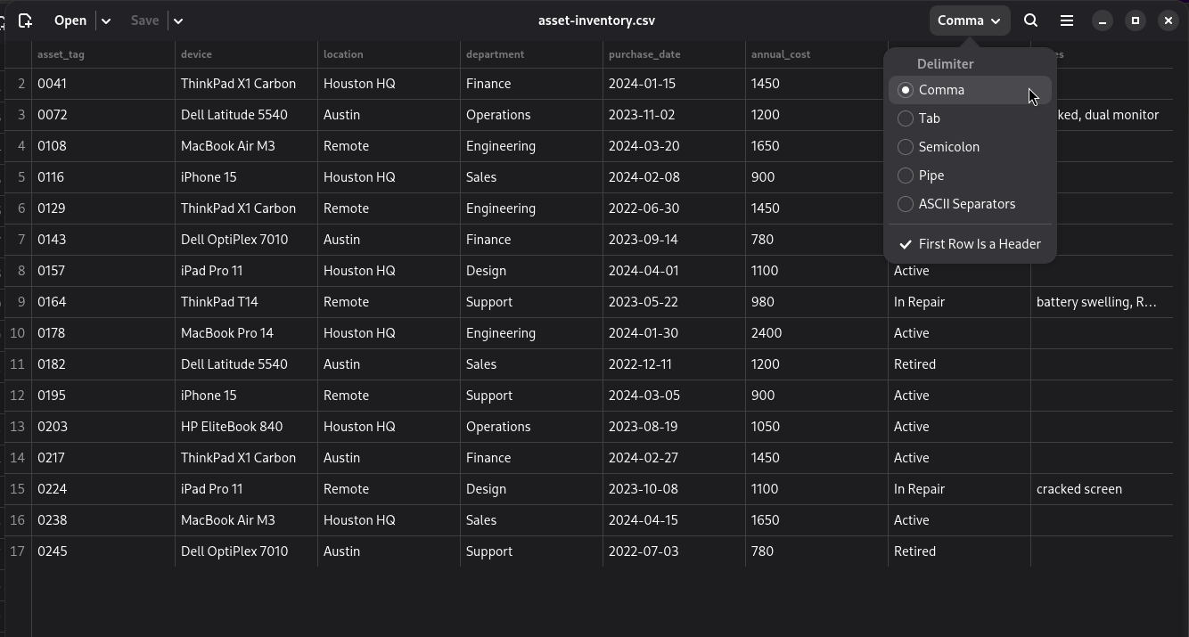 Comma's read-as popover open: delimiter guessed as Comma, First Row Is a Header ticked (dark theme).