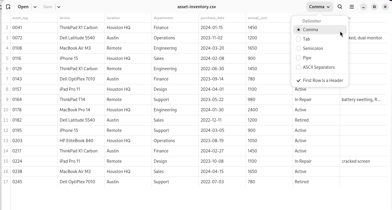 Comma's read-as popover open: delimiter guessed as Comma, First Row Is a Header ticked (light theme).