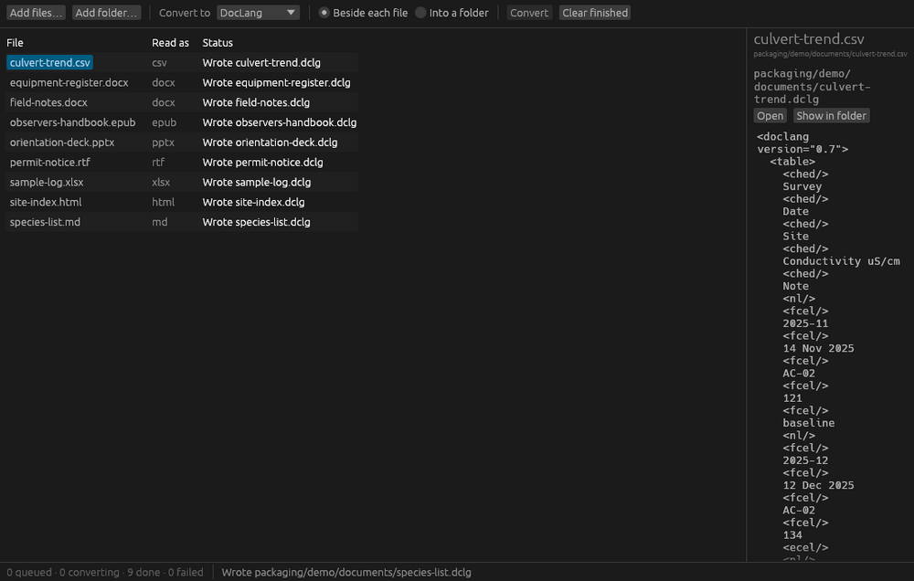 Duckling converting nine document formats to DocLang