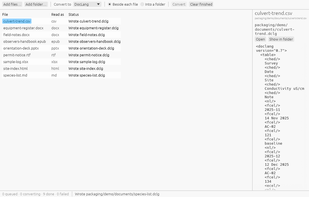 Duckling converting nine document formats to DocLang