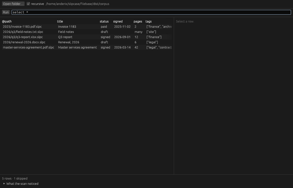 Filebase showing the answer to a query: the folder and the query at the top, rows of containers below with a column per metadata key, and the selected container's payload and description on the right.