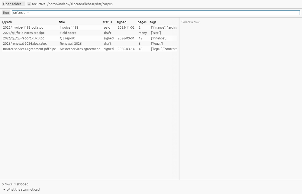 Filebase showing the answer to a query: the folder and the query at the top, rows of containers below with a column per metadata key, and the selected container's payload and description on the right.