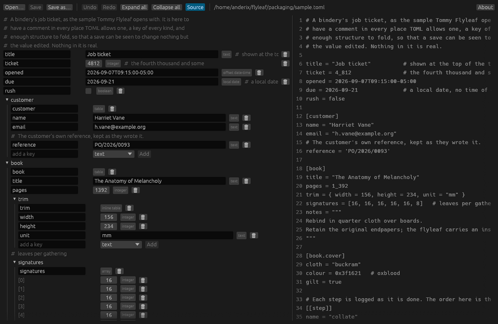 Tommy Flyleaf editing a TOML file as a tree beside its source