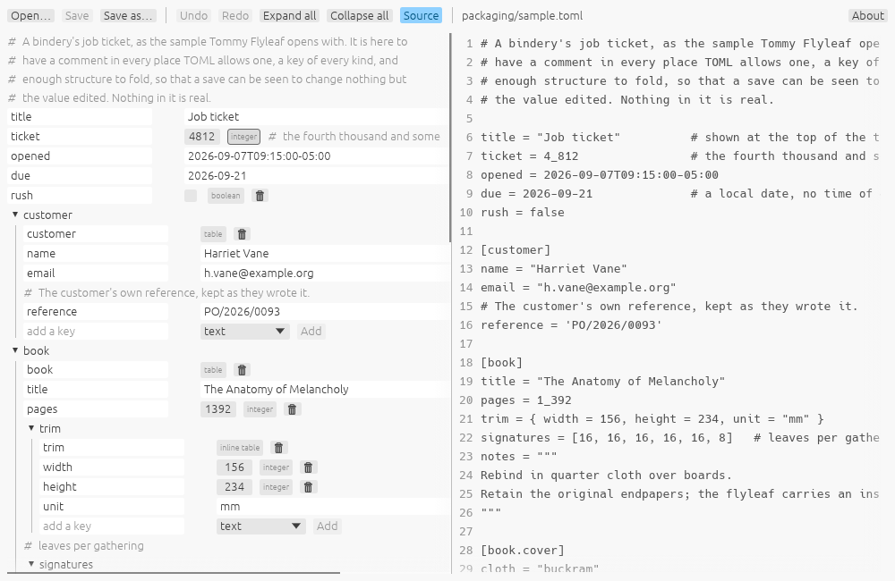 Tommy Flyleaf editing a TOML file as a tree beside its source