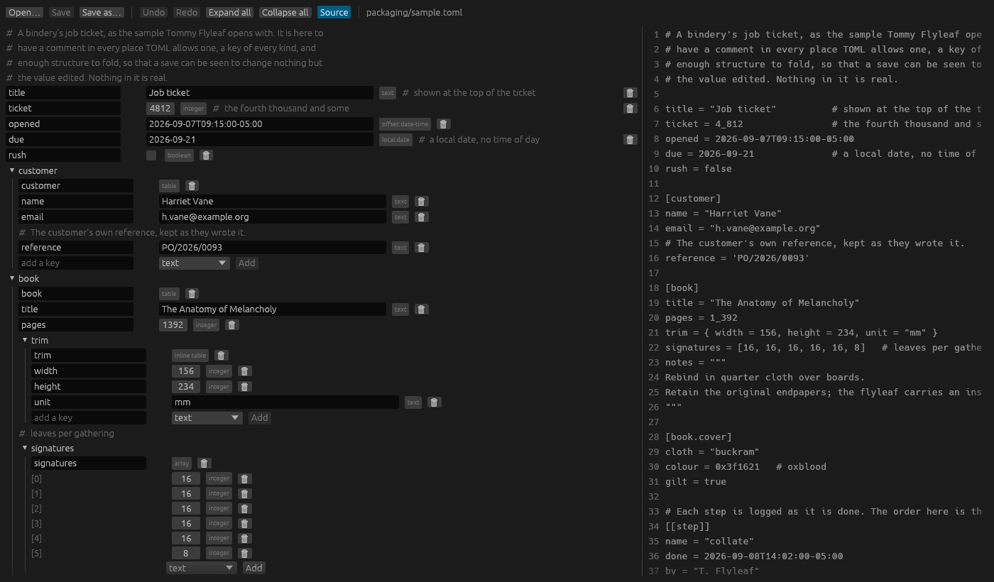 Tommy Flyleaf showing a job ticket as a tree: top-level keys with their comments, the customer, book and pricing tables, and an array of steps, with the source pane on the right showing the file as it would be saved.