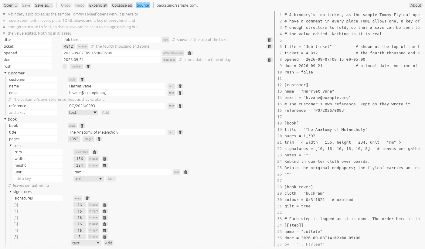 Tommy Flyleaf showing a job ticket as a tree: top-level keys with their comments, the customer, book and pricing tables, and an array of steps, with the source pane on the right showing the file as it would be saved.