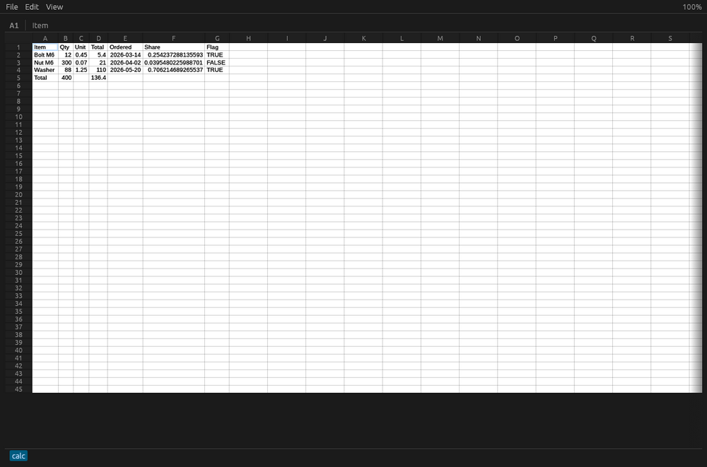 Odox Grid showing a spreadsheet: a grid of typed cells with a shaded header row, sheet tabs along the bottom, and the formula bar above.