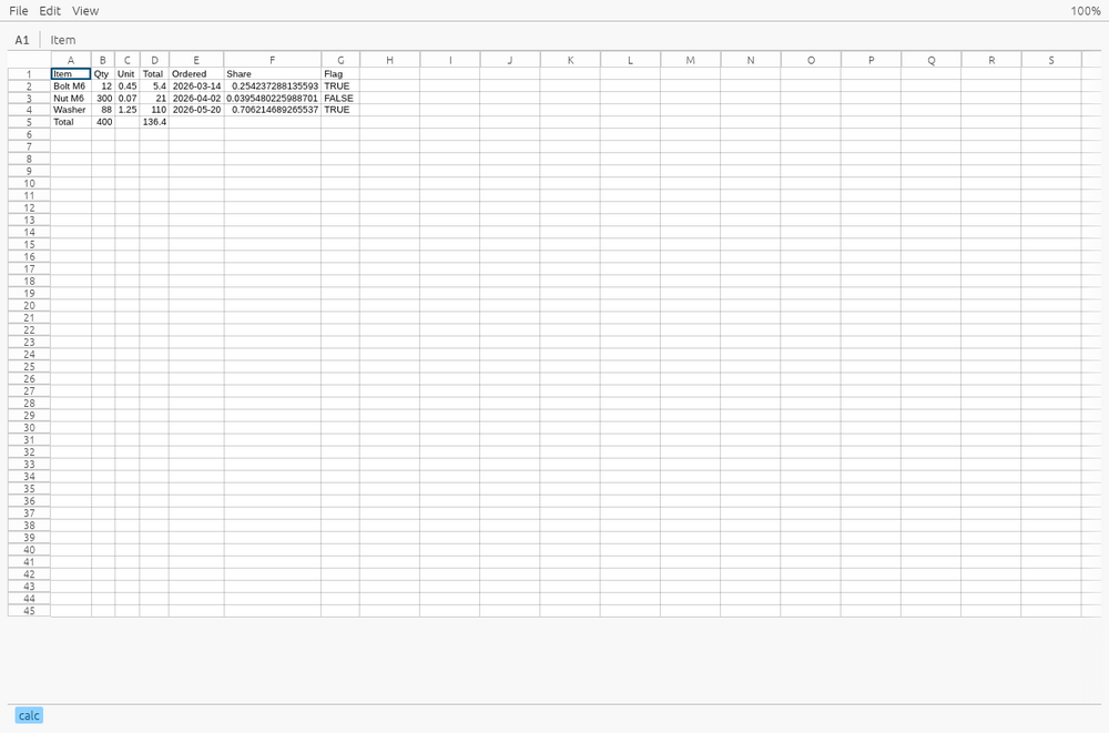 Odox Grid showing a spreadsheet: a grid of typed cells with a shaded header row, sheet tabs along the bottom, and the formula bar above.