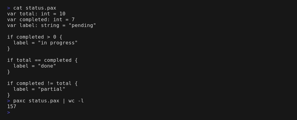 A terminal showing a 15-line pax source file and paxc compiling it to a 157-line Power Automate definition.