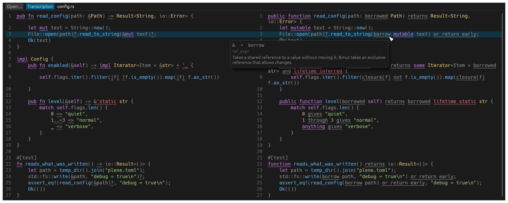 plene-gui with a short Rust file: the source on the left and its longhand on the right, line for line. The third row is selected, and a card over borrow mutable text explains that & there takes a shared reference.