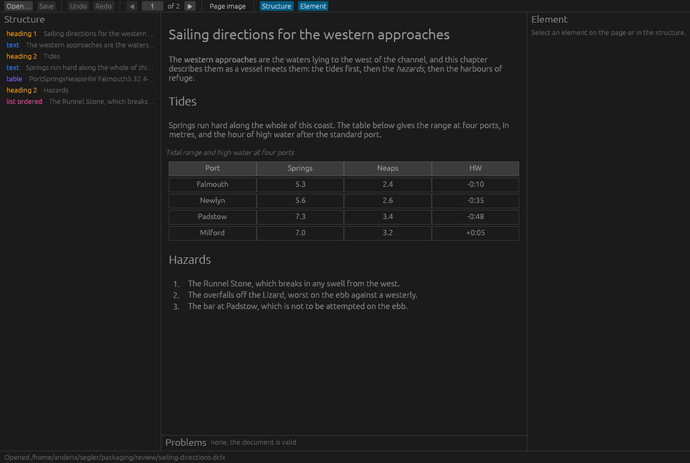 Segler showing a DocLang archive rendered for reading, with its structure pane