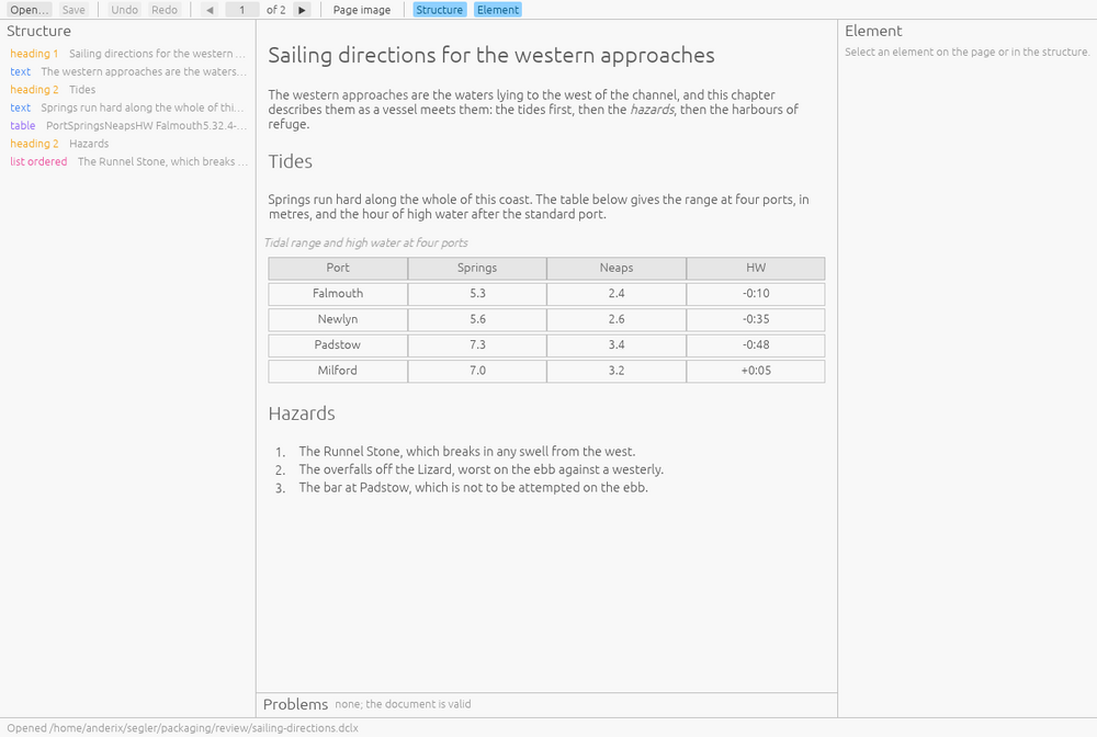 Segler showing a DocLang archive rendered for reading, with its structure pane