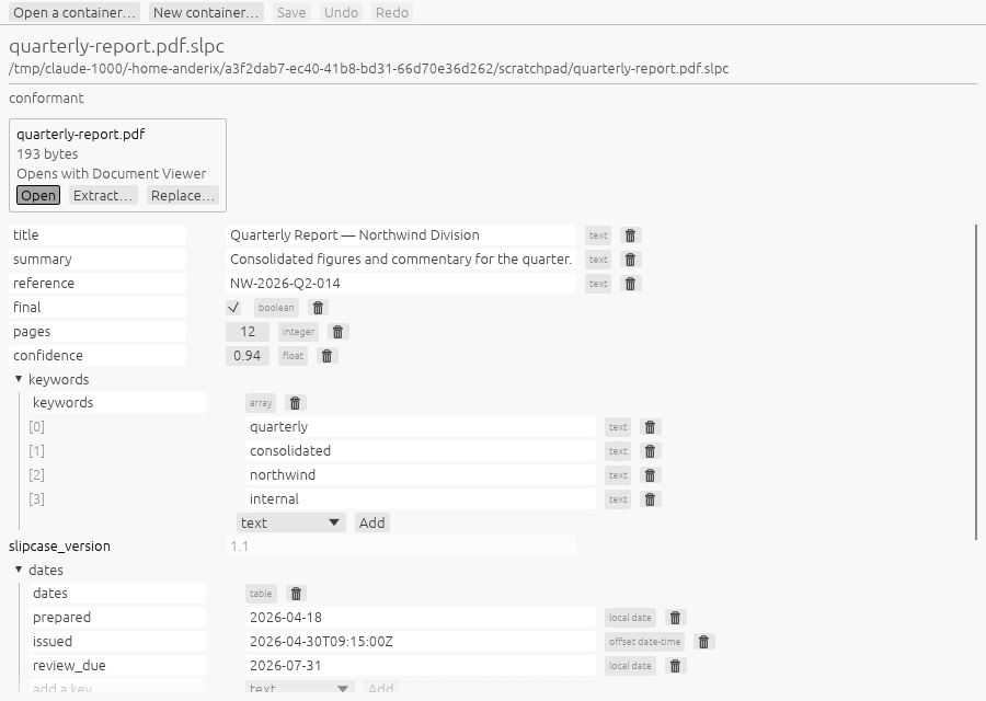 Slipcase showing a container's flyleaf tree beside its content file