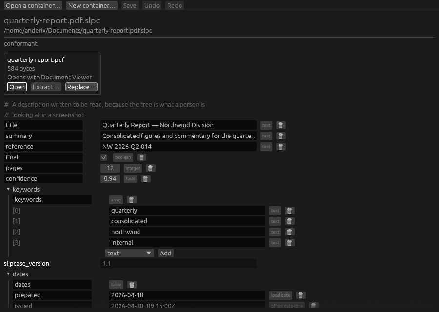 Slipcase Desktop showing a conformant container: the verdict, a card naming the content file with its size and what would open it, the Open, Extract, and Replace buttons, and the flyleaf as an editable tree.