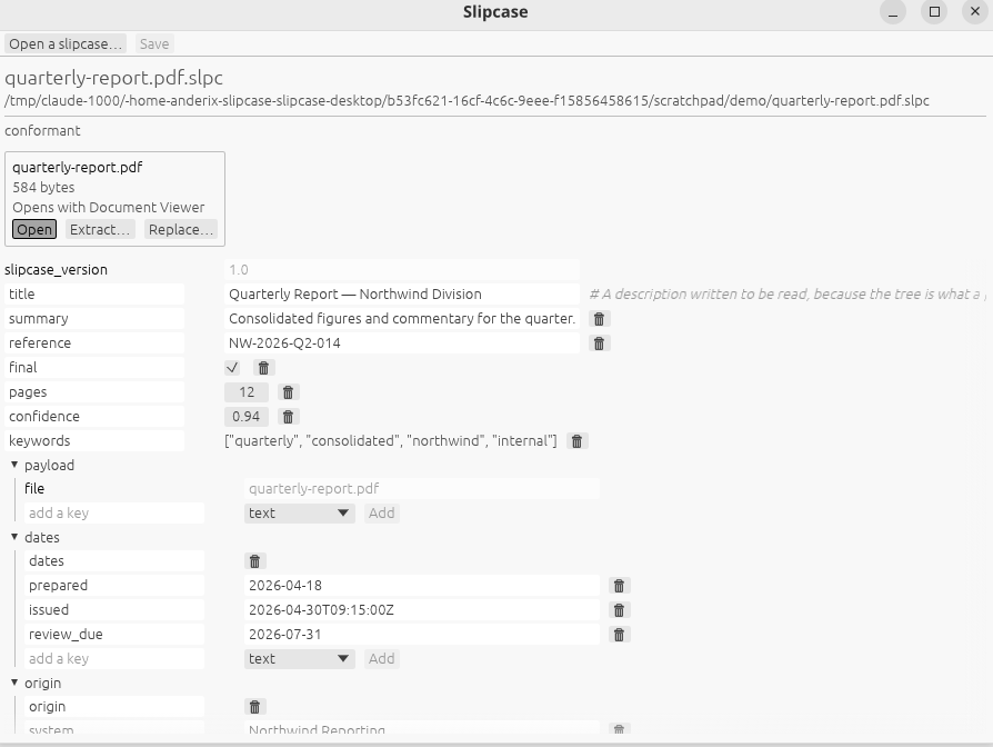 Slipcase showing a conformant container: the verdict, a card naming the payload with its size and what would open it, the Open, Extract, and Replace buttons, and the metadata as an editable tree.