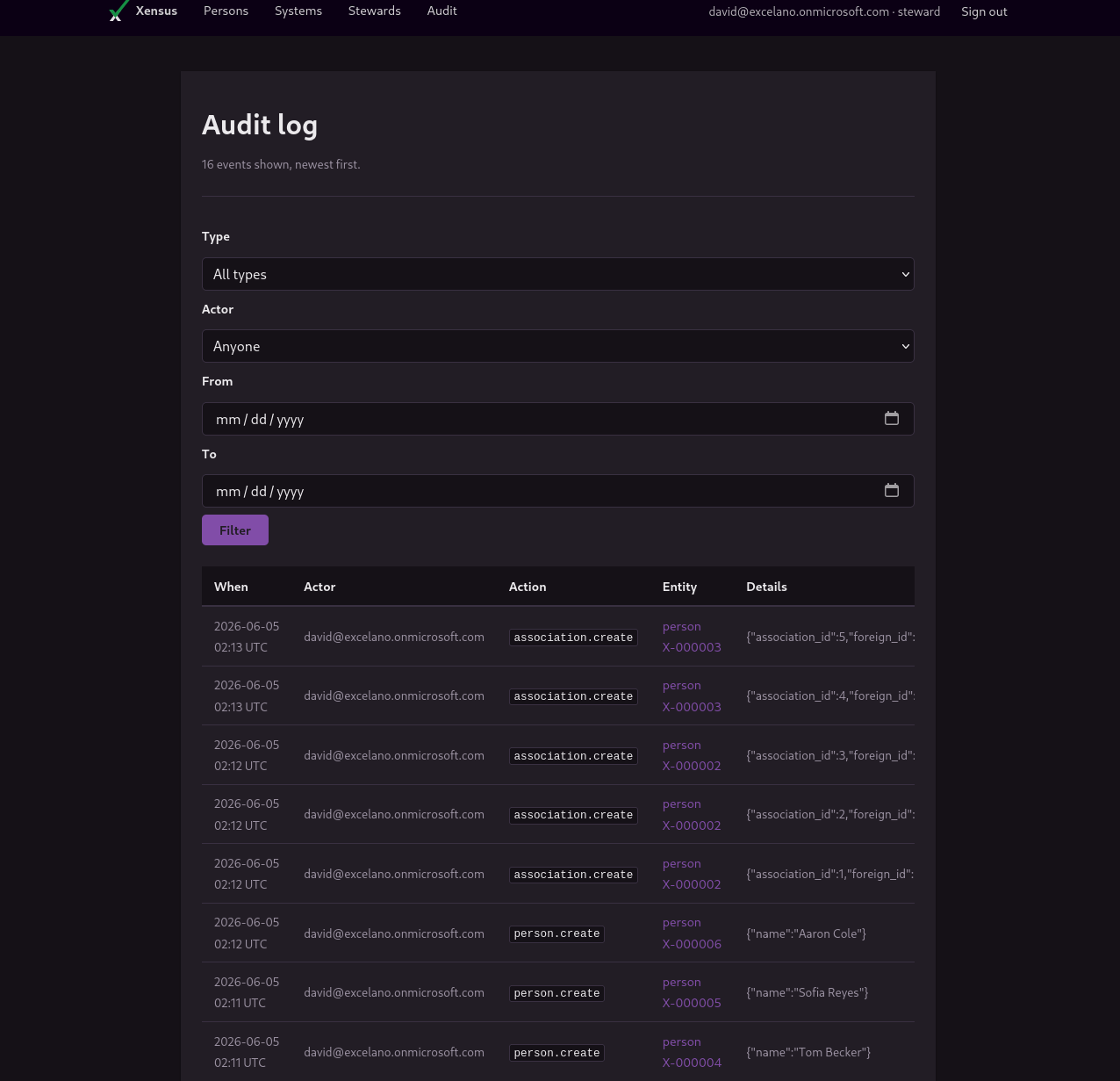 The Xensus audit page: a newest-first timeline of every change, filterable by entity type, actor, and date range.