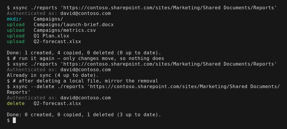 xsync mirroring a folder to a SharePoint library from the terminal