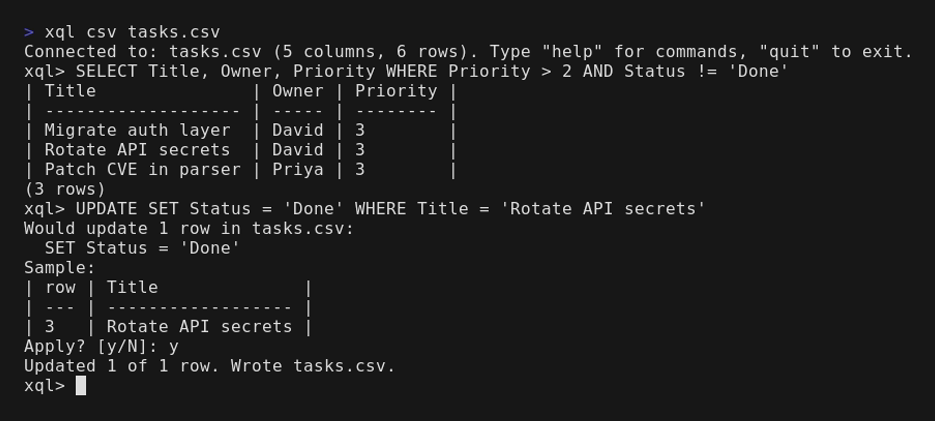 An xql terminal session: a SELECT query returning a formatted table, then an UPDATE previewed, confirmed, and written.