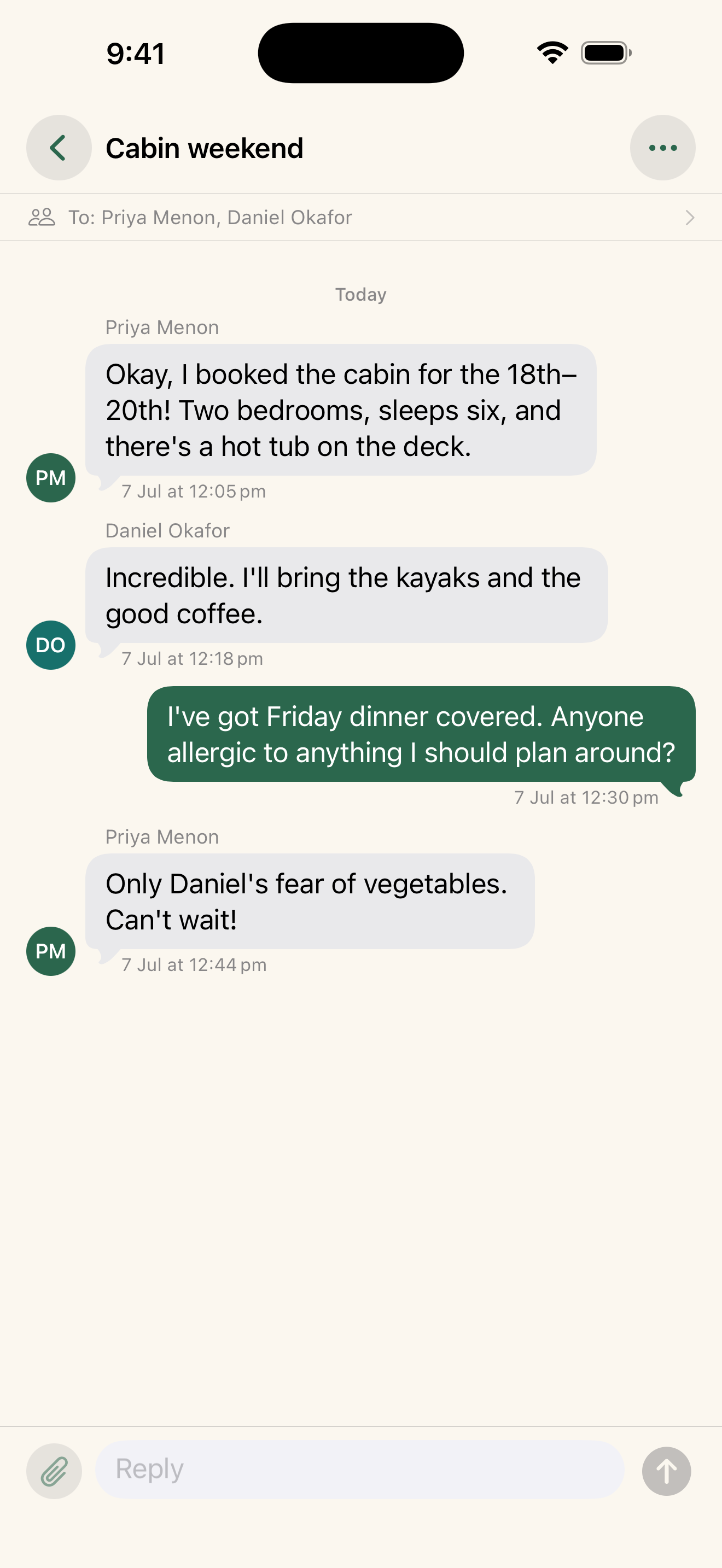 An email thread open in Zirbe, shown as a group chat with each message a bubble in time order.