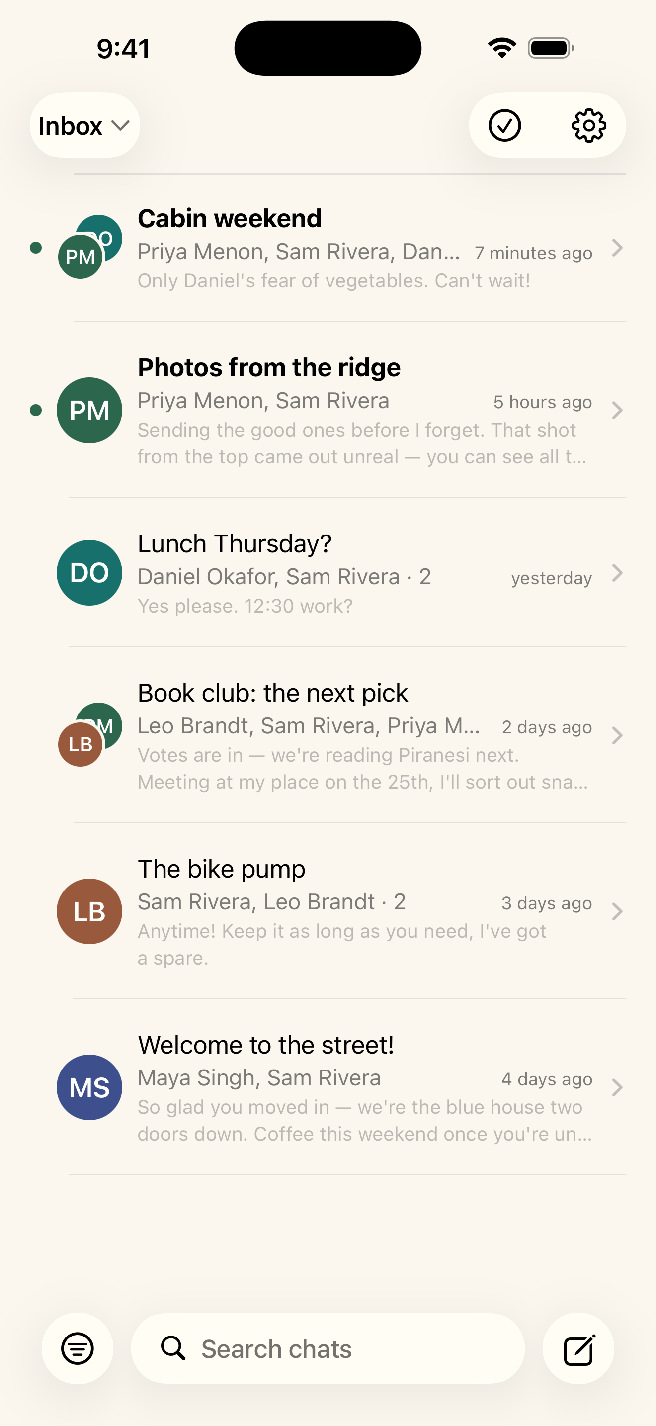 The Zirbe inbox: a list of email threads shown as conversations, each with a title, the people on it, and the latest message.