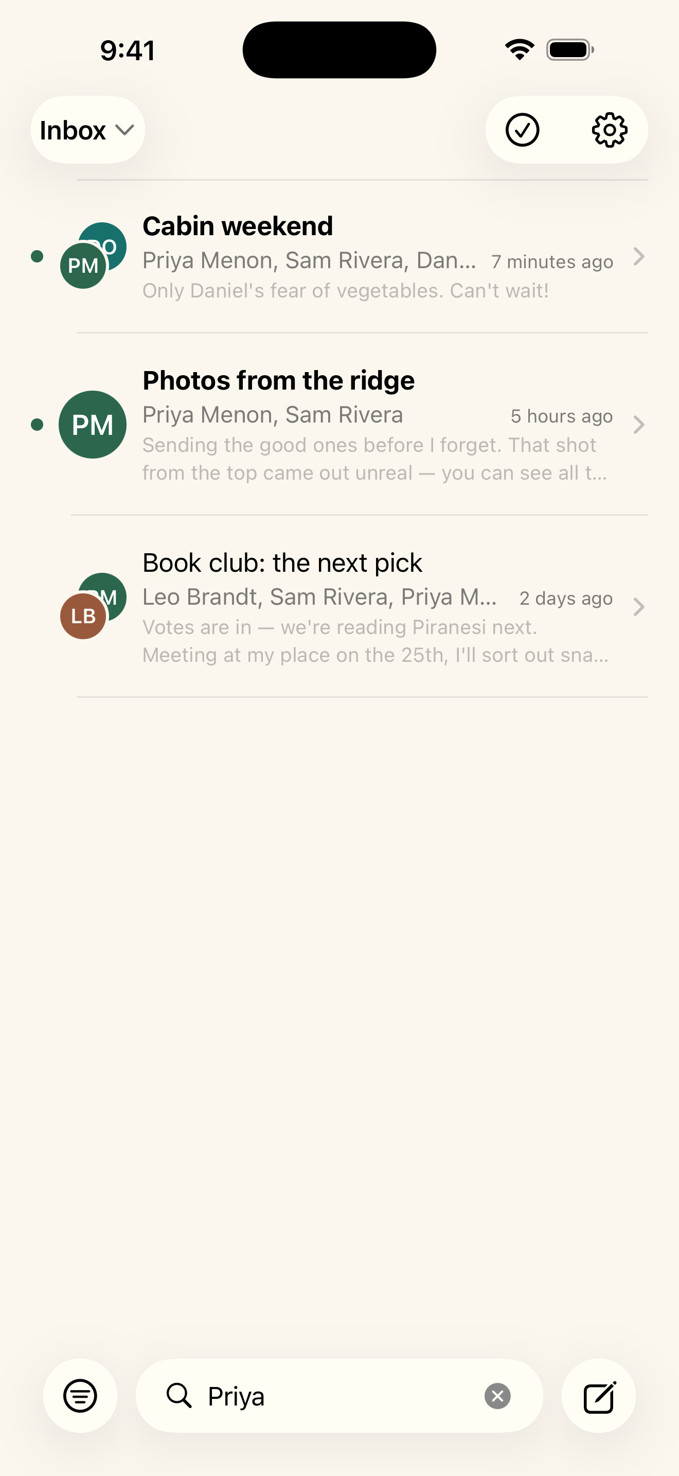 Searching Zirbe, with the conversation list filtered to the matches for a query.